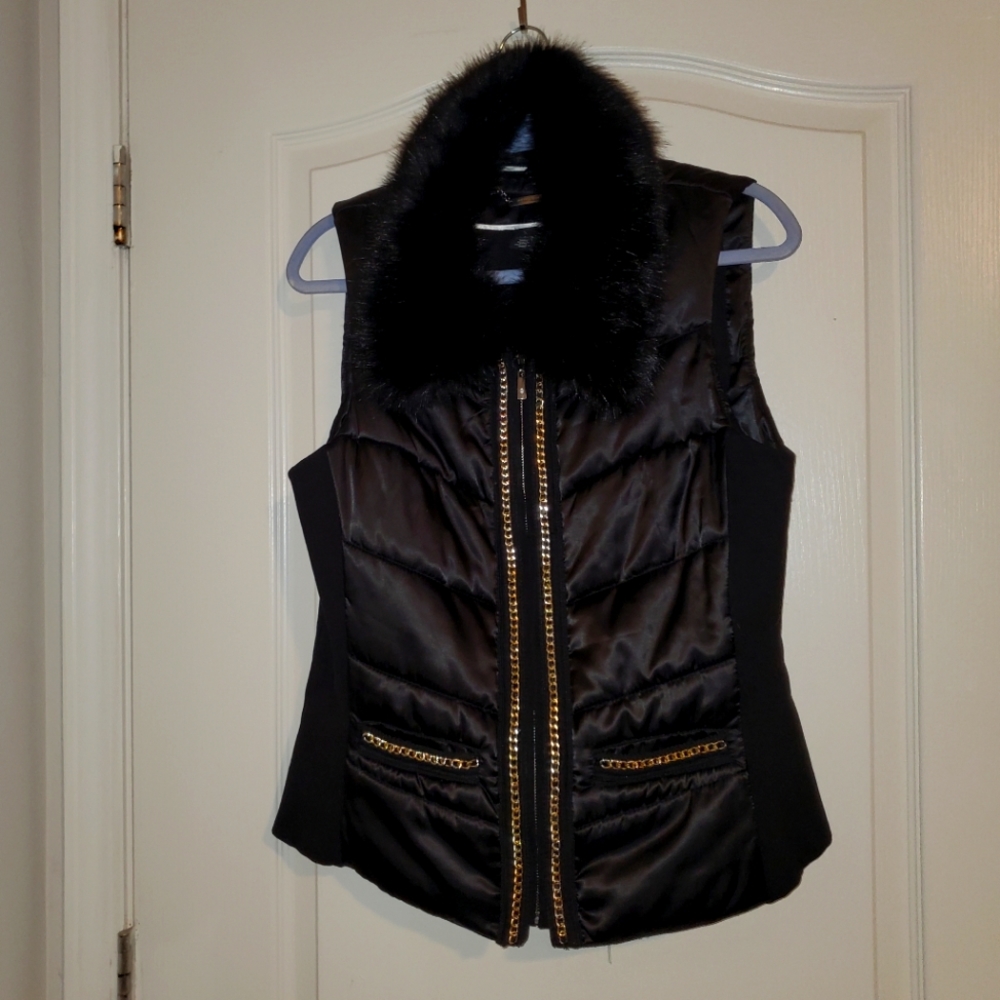 (SOLD)! White House Black Market Faux Fur Vest with Gold Chains, removal Fur